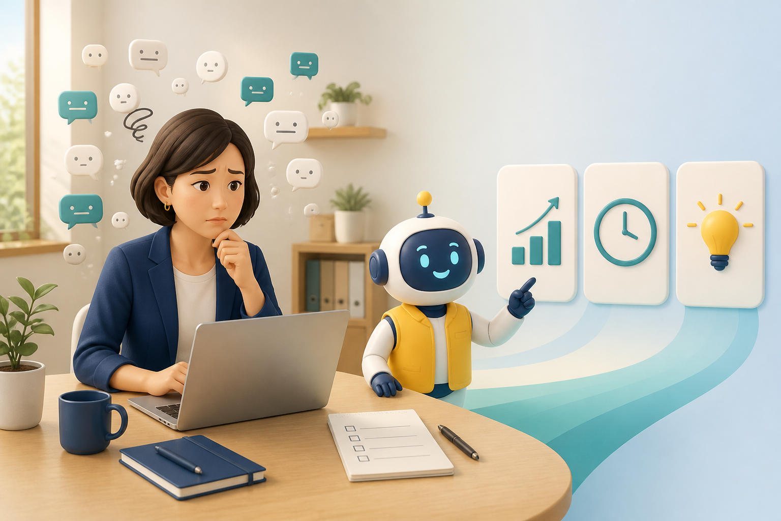AIの使いどころを一緒に見直す小さな会社の担当者とロボット