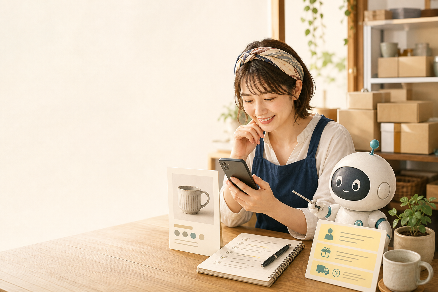 商品ページをスマホで確認する小さな店のオーナーと、チェックを手伝うロボット