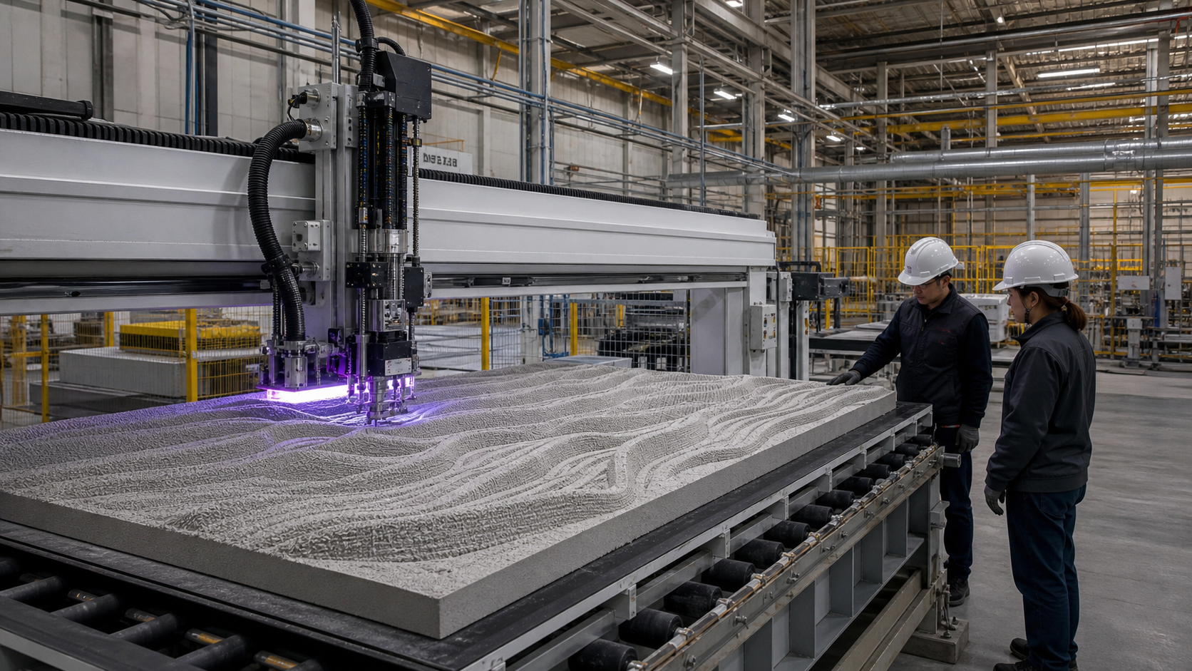 紫外線硬化型の建築3Dプリントで大型壁パネルを工場生産する様子の編集イメージ