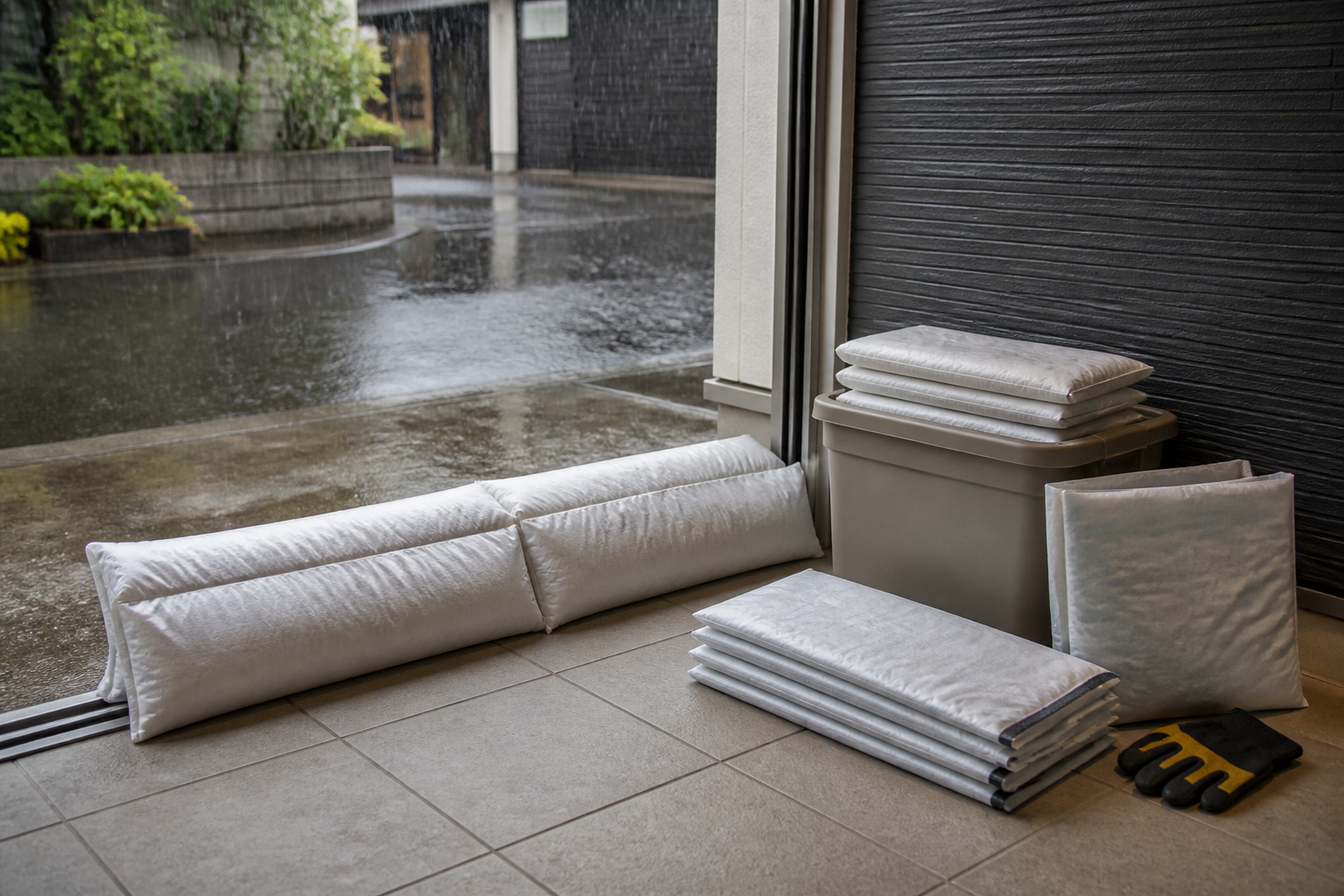 大雨に備えて玄関前へ吸水土のうを並べ、未使用品を室内に保管する様子