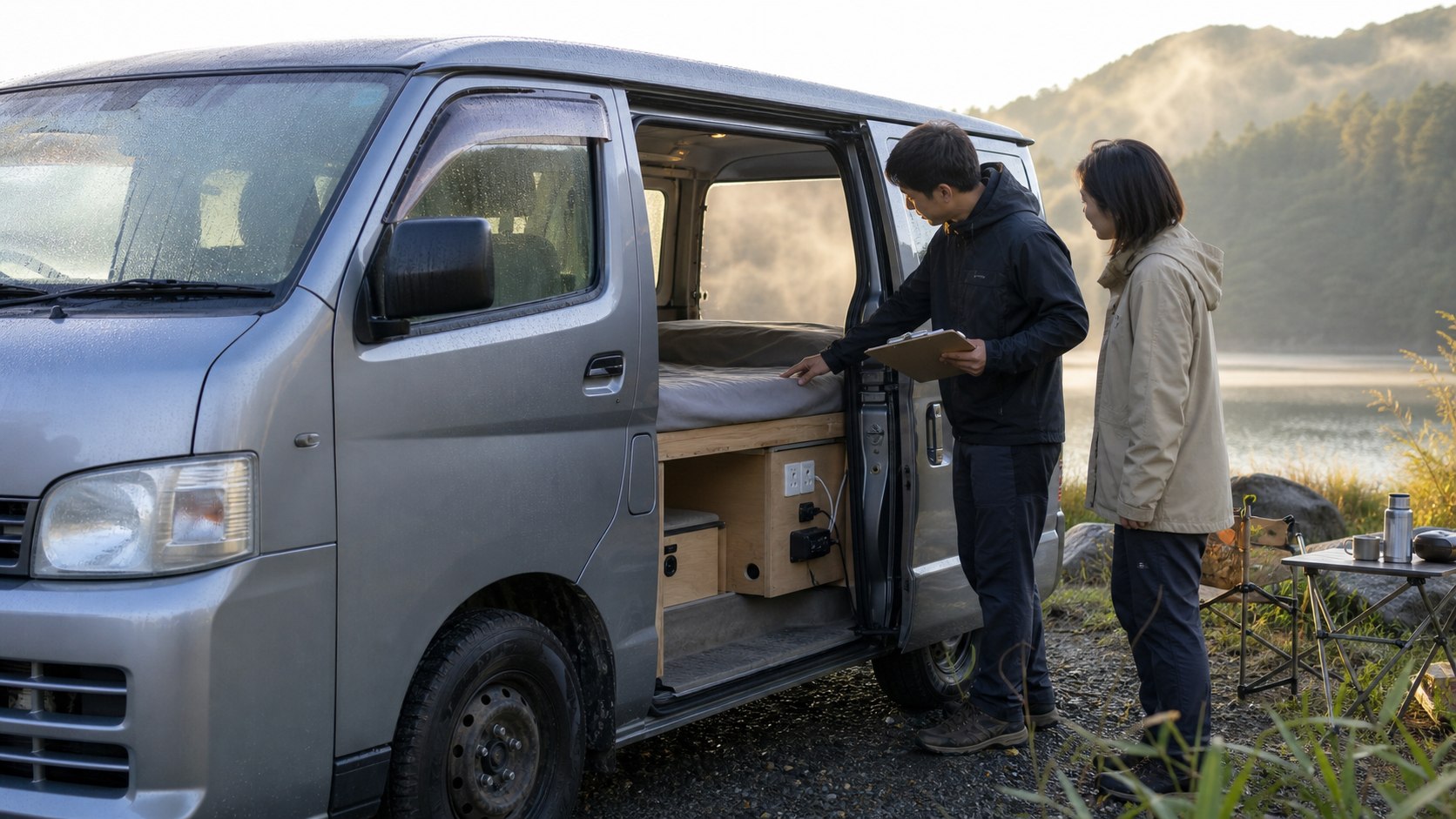 湖畔でキャンピングカーの寝床・電源・収納を実測する利用前の様子