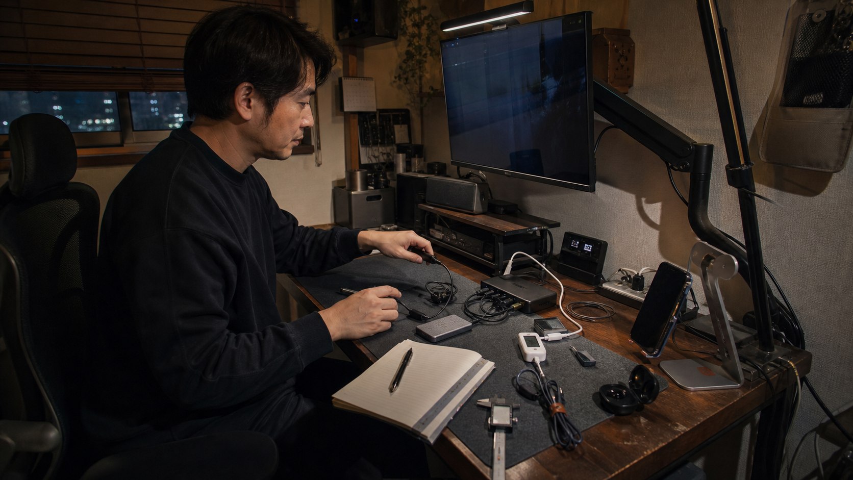 自宅の作業机でUSB-Cハブ・SSD・ケーブル・イヤホンを一つずつ検証する様子