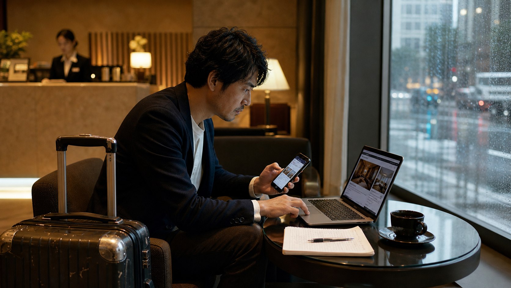 ホテルのロビーで公式予約とOTAの総額・取消条件を比較する旅行者